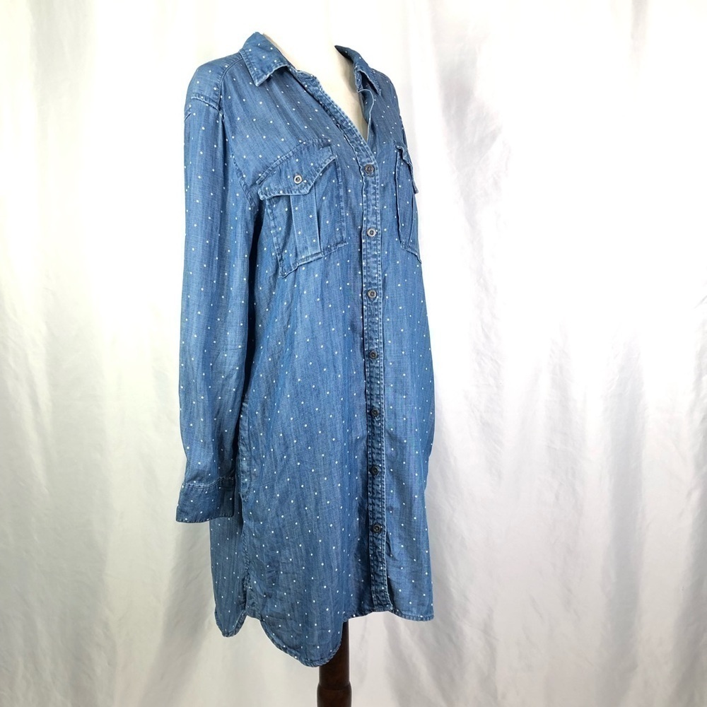 Philosophy chambray shirt dress white polka dots roll sleeve blue tencel L